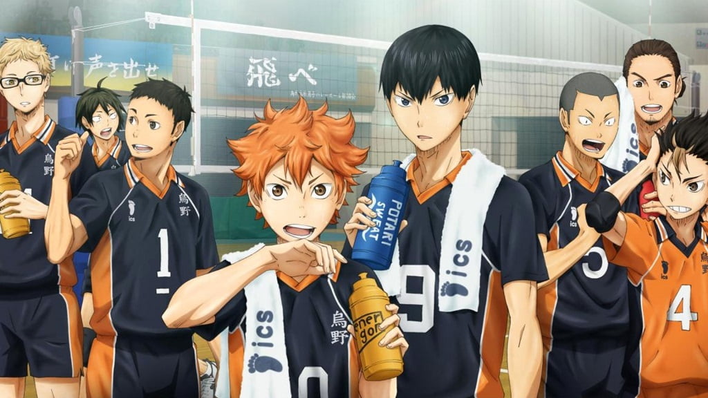 Haikyu characters playing volleyball match.